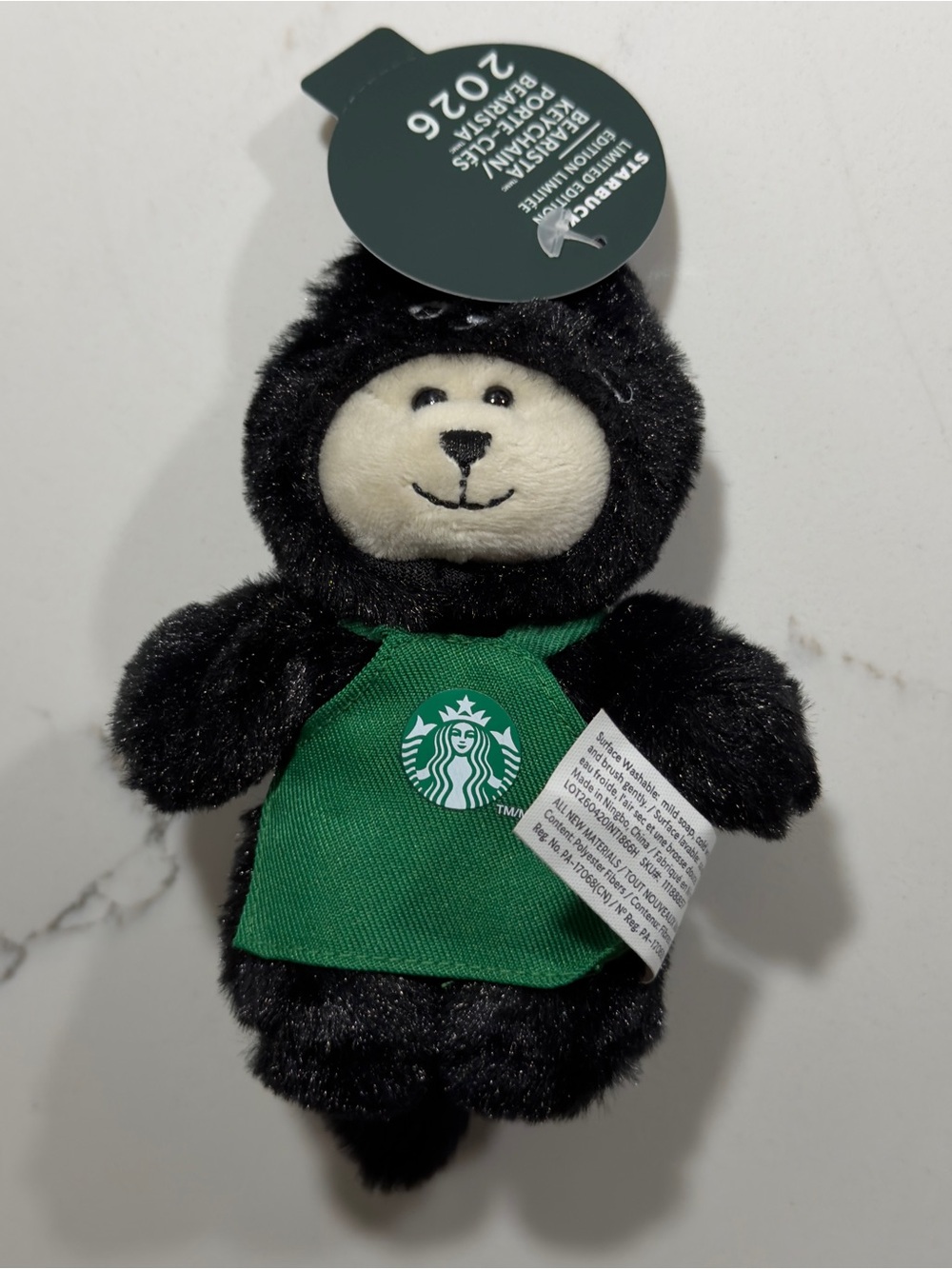 Starbucks Black Plush Bear with cat costume and Green Apron Keyring